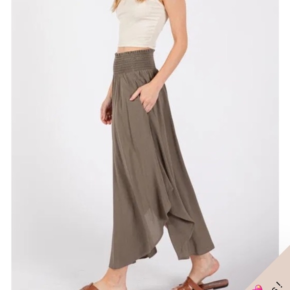 Final touch High waisted Boho Sage smocked waist Gauze Midi Skirt w Pockets M - Picture 8 of 15